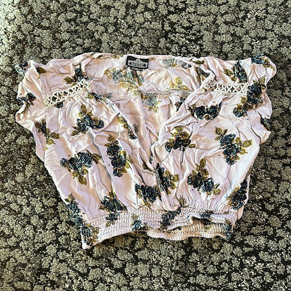 Purple floral, V-neck crop top with details sleeve